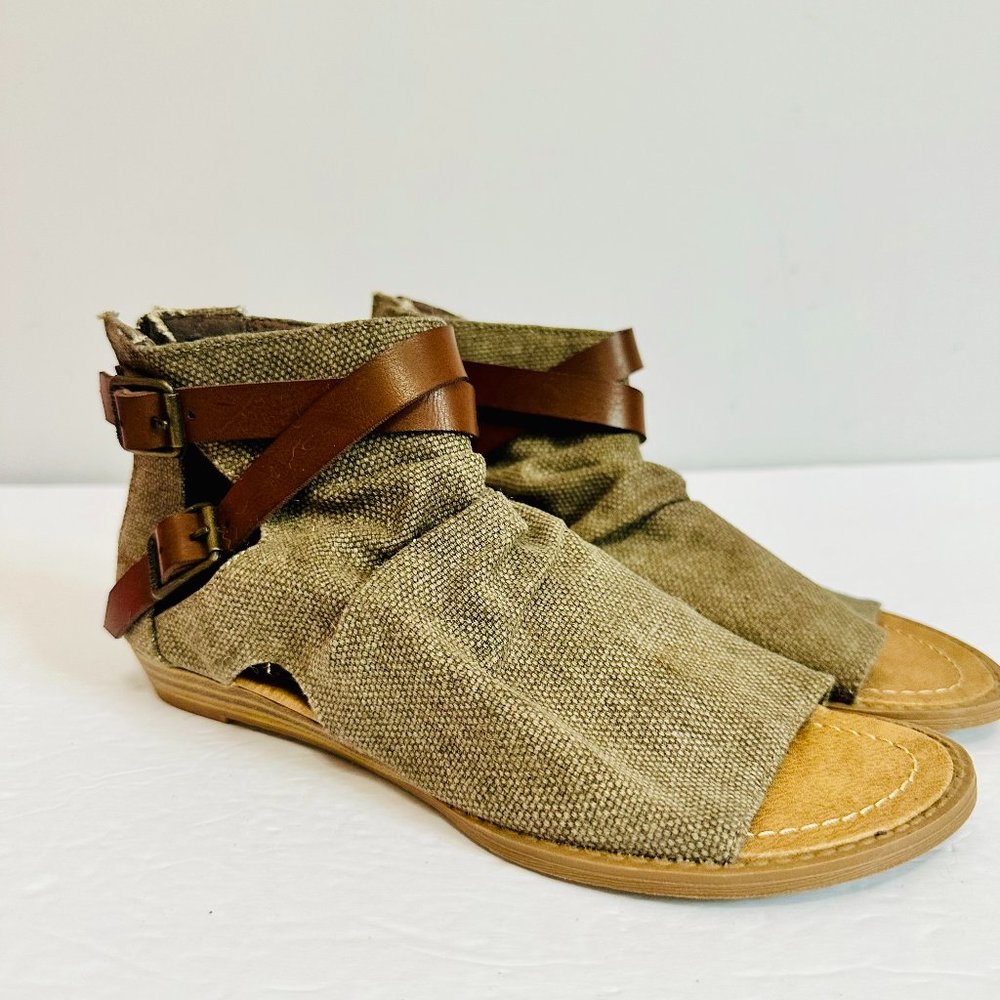 NWOT BLOWFISH MALIBU BRISA CANVAS LEATHER ZIP BUCKLE OPEN TOE SANDALS US 6.5